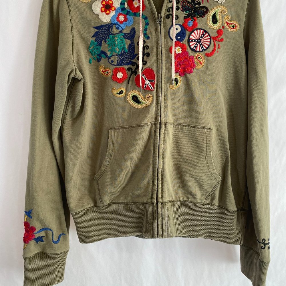 SOLD Lucky Brand Embroidered Khaki Green Zip Front Hoodie Sweatshirt NWOT - Picture 2 of 14